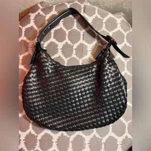 White House Black Market Black Woven Shoulder Bag faux zip minimalist classic